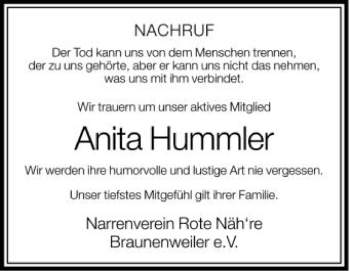 Anzeige von Anita Hummler von Schwäbische Zeitung