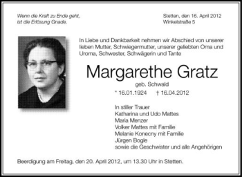 Anzeige von Margarethe Gratz von Schwäbische Zeitung