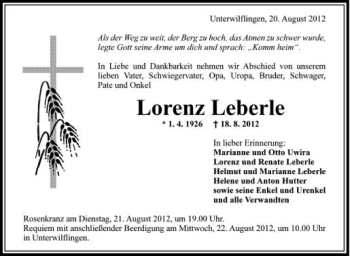 Anzeige von Lorenz Leberle von Schwäbische Zeitung