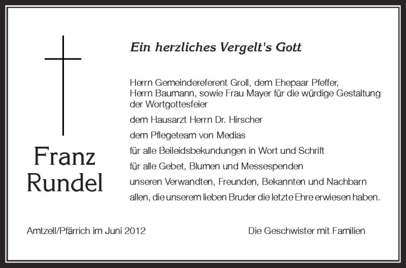  Traueranzeige für Ranz Rudel vom 09.06.2012 aus Schwäbische Zeitung