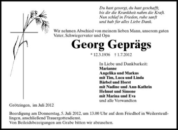 Anzeige von Georg Geprägs von Schwäbische Zeitung