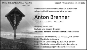 Anzeige von Anton Brenner von Schwäbische Zeitung