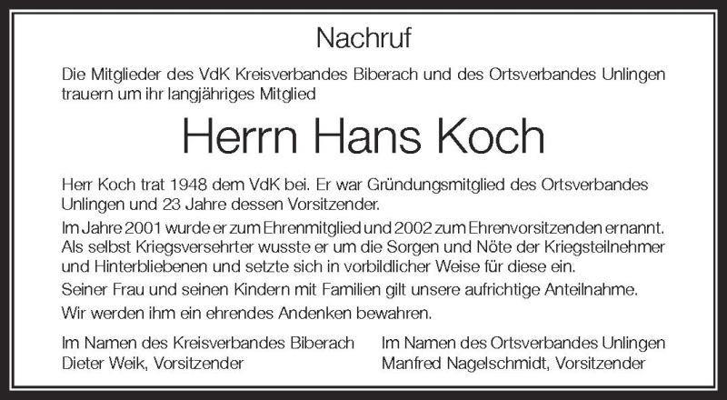  Traueranzeige für Hans Koch vom 16.06.2012 aus Schwäbische Zeitung
