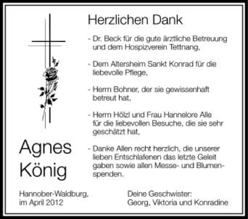  Traueranzeige für Agnes König vom 21.04.2012 aus Schwäbische Zeitung