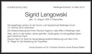 Anzeige von Sigrid Lengowski von Schwäbische Zeitung