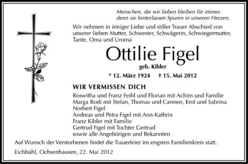  Traueranzeige für Ottilie Figel vom 22.05.2012 aus Schwäbische Zeitung