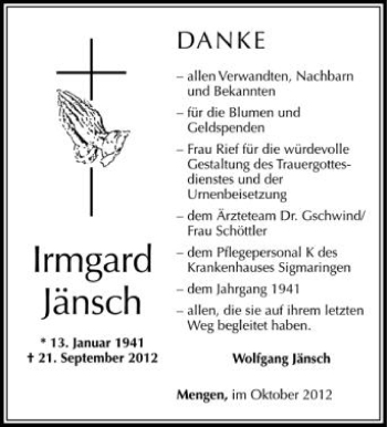 Anzeige von Irmgard Jänsch von Schwäbische Zeitung
