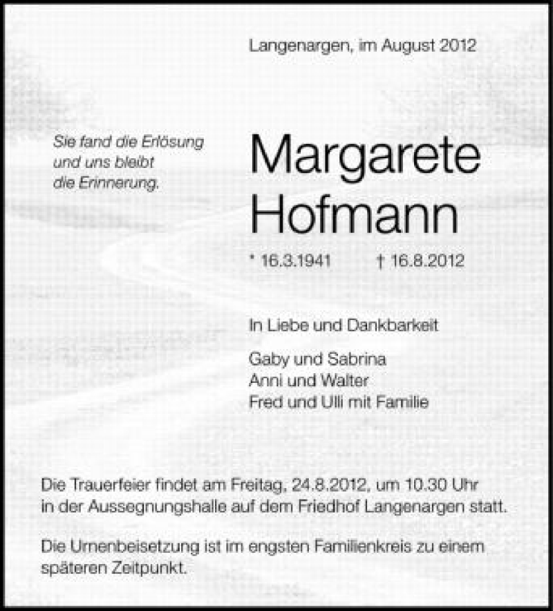  Traueranzeige für Margarete Hofmann vom 24.08.2012 aus Schwäbische Zeitung