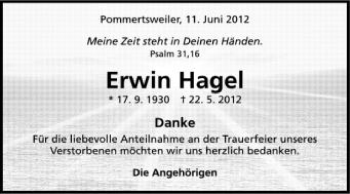 Anzeige von Erwin Hagel von Schwäbische Zeitung