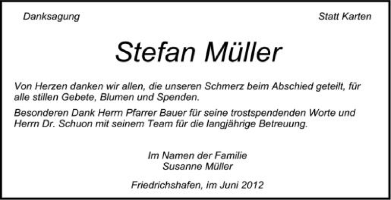  Traueranzeige für Stefan Müller vom 16.06.2012 aus Schwäbische Zeitung