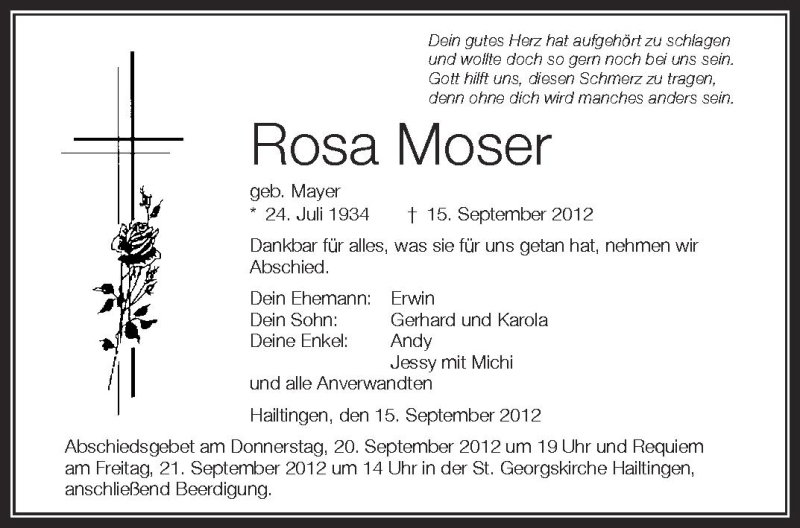  Traueranzeige für Rosa Moser vom 19.09.2012 aus Schwäbische Zeitung