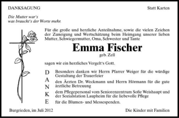 Anzeige von Emma Fischer von Schwäbische Zeitung