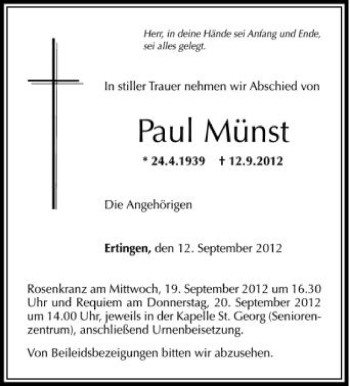 Anzeige von Paul Münst von Schwäbische Zeitung