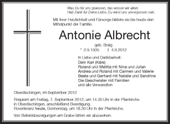Anzeige von Antonie Albrecht von Schwäbische Zeitung