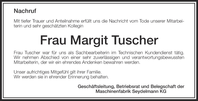  Traueranzeige für Margit Tuscher vom 12.03.2015 aus Schwäbische Zeitung