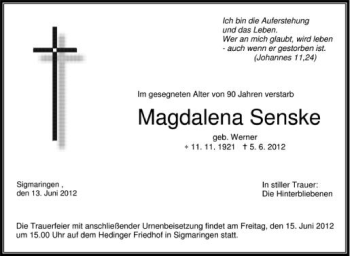 Anzeige von Magdalena Senske von Schwäbische Zeitung