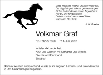 Anzeige von Volkmar Graf von Schwäbische Zeitung
