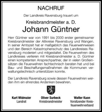 Anzeige von Johann Güntner von Schwäbische Zeitung