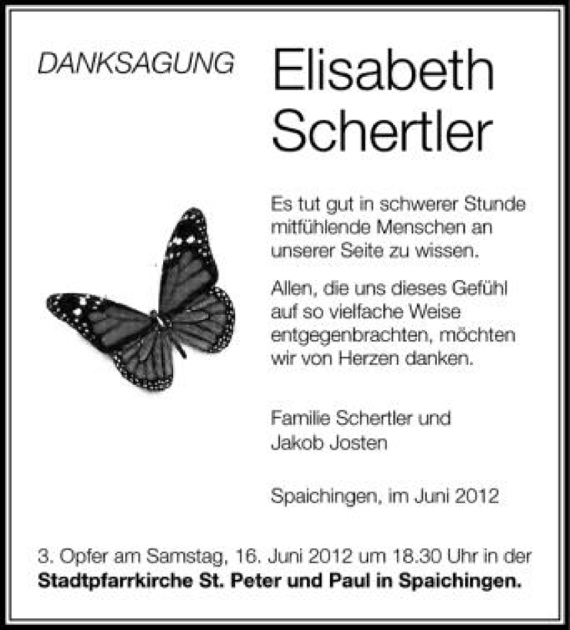  Traueranzeige für Elisabeth Schertler vom 06.06.2012 aus Schwäbische Zeitung