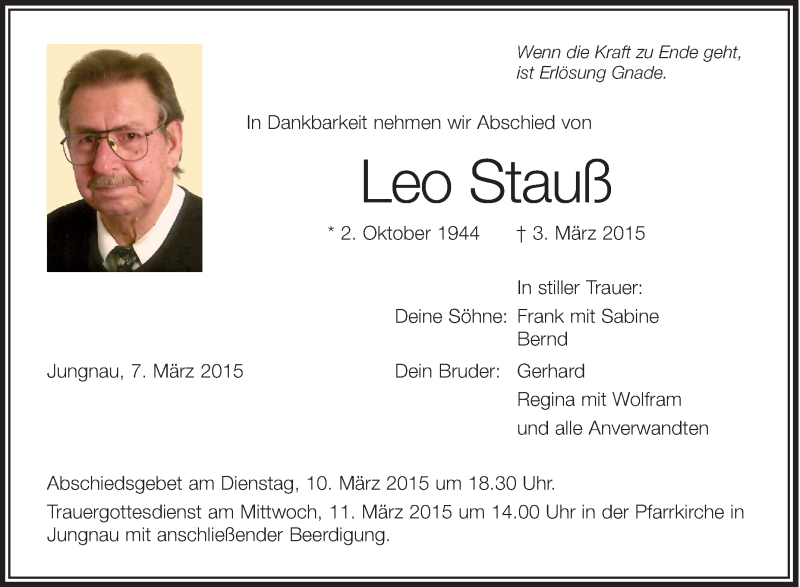  Traueranzeige für Leo Stauß vom 07.03.2015 aus Schwäbische Zeitung