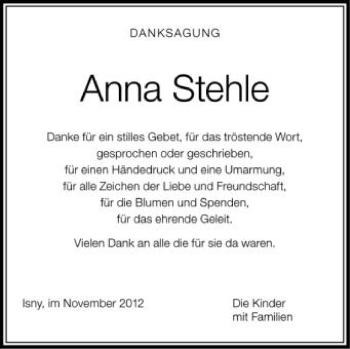 Anzeige von Anna Stehle von Schwäbische Zeitung