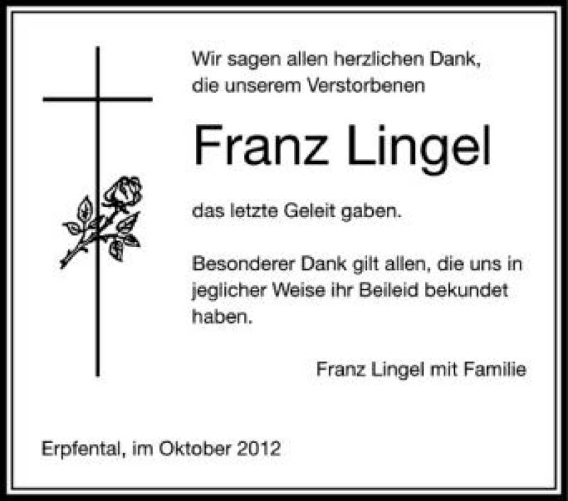  Traueranzeige für Franz Lingel vom 25.10.2012 aus Schwäbische Zeitung