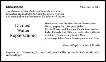 Anzeige von Walter Kupferschmid von Schwäbische Zeitung