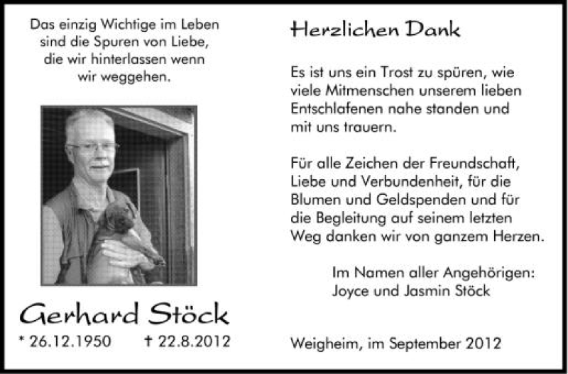  Traueranzeige für Gerhard Stöck vom 15.09.2012 aus Schwäbische Zeitung
