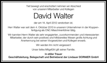 Anzeige von David Walter von Schwäbische Zeitung