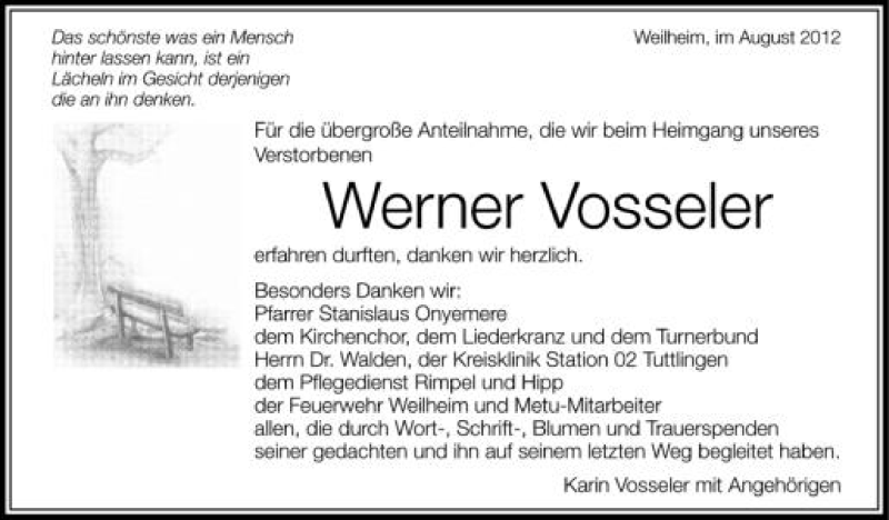  Traueranzeige für Werner Vosseler vom 25.08.2012 aus Schwäbische Zeitung