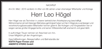 Anzeige von Leo Högel von Schwäbische Zeitung