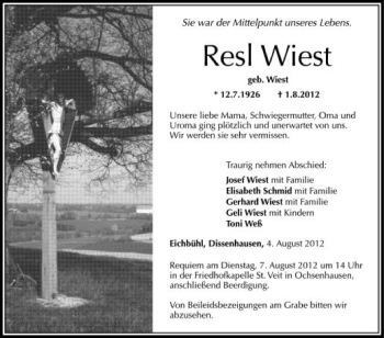 Anzeige von Resl Wiest von Schwäbische Zeitung