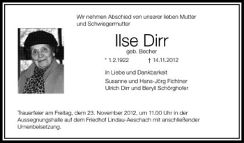 Anzeige von Ilse Dirr von Schwäbische Zeitung