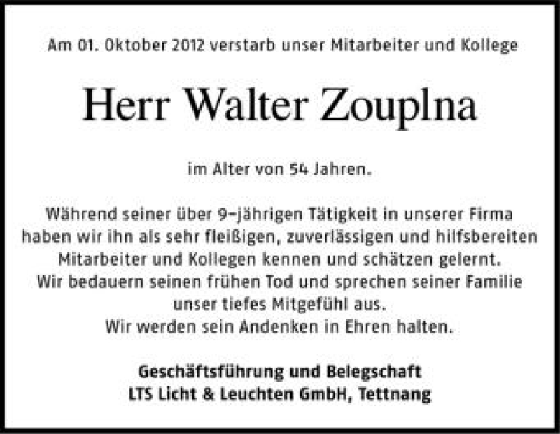  Traueranzeige für Walter Zouplna vom 06.10.2012 aus Schwäbische Zeitung