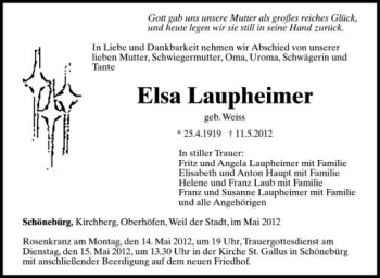 Anzeige von Elsa Laupheimer von Schwäbische Zeitung