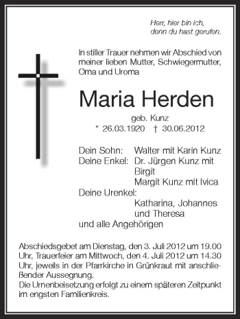 Anzeige von Maria Herden von Schwäbische Zeitung