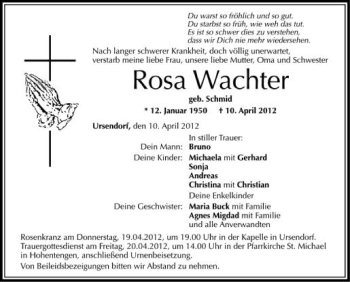 Anzeige von Rosa Wachter von Schwäbische Zeitung