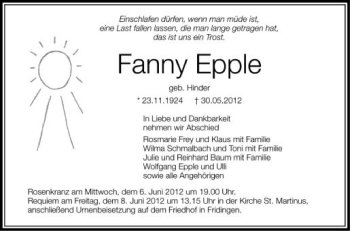 Anzeige von Fanny Epple von Schwäbische Zeitung