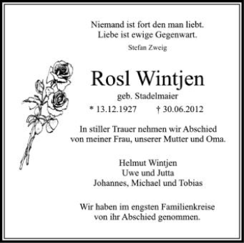 Anzeige von Rosl Wintjen von Schwäbische Zeitung
