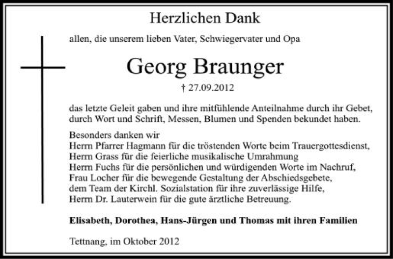  Traueranzeige für Georg Braunger vom 12.10.2012 aus Schwäbische Zeitung