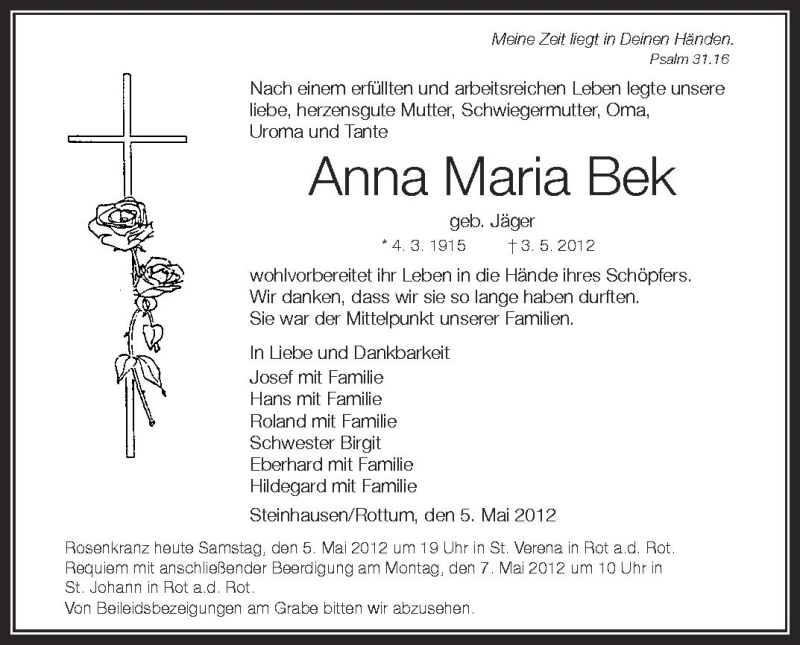  Traueranzeige für Anna Maria Bek vom 05.05.2012 aus Schwäbische Zeitung