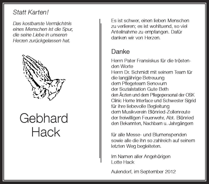  Traueranzeige für Gebhard Hack vom 22.09.2012 aus Schwäbische Zeitung