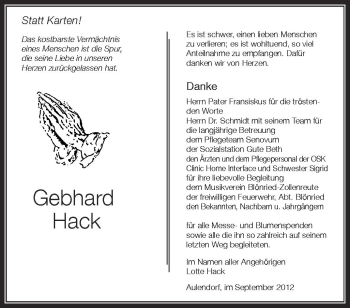 Anzeige von Gebhard Hack von Schwäbische Zeitung