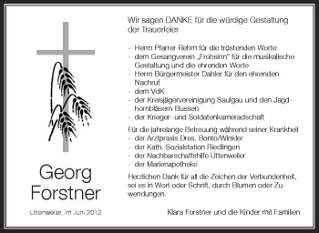 Anzeige von Georg Forstner von Schwäbische Zeitung
