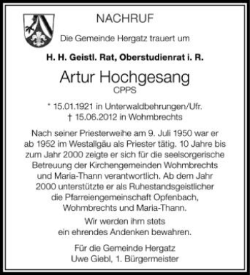 Anzeige von Artur Hochgesang von Schwäbische Zeitung