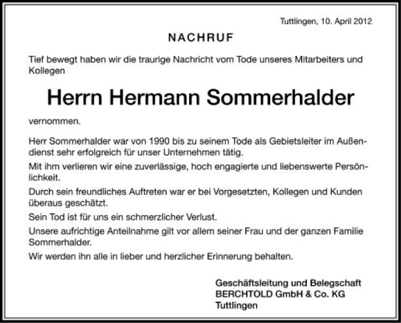  Traueranzeige für Hermann Sommerhalder vom 11.04.2012 aus Schwäbische Zeitung