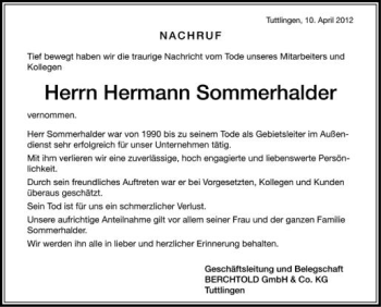 Anzeige von Hermann Sommerhalder von Schwäbische Zeitung