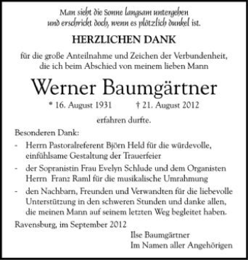 Anzeige von Werner Baumgärtner von Schwäbische Zeitung
