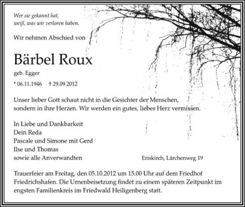  Traueranzeige für Bärbel Roux vom 04.10.2012 aus Schwäbische Zeitung