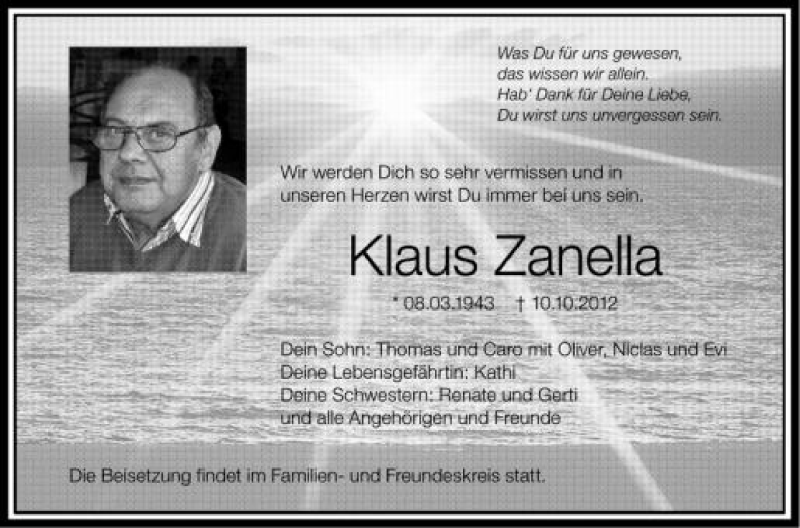  Traueranzeige für Klaus Zanella vom 13.10.2012 aus Schwäbische Zeitung